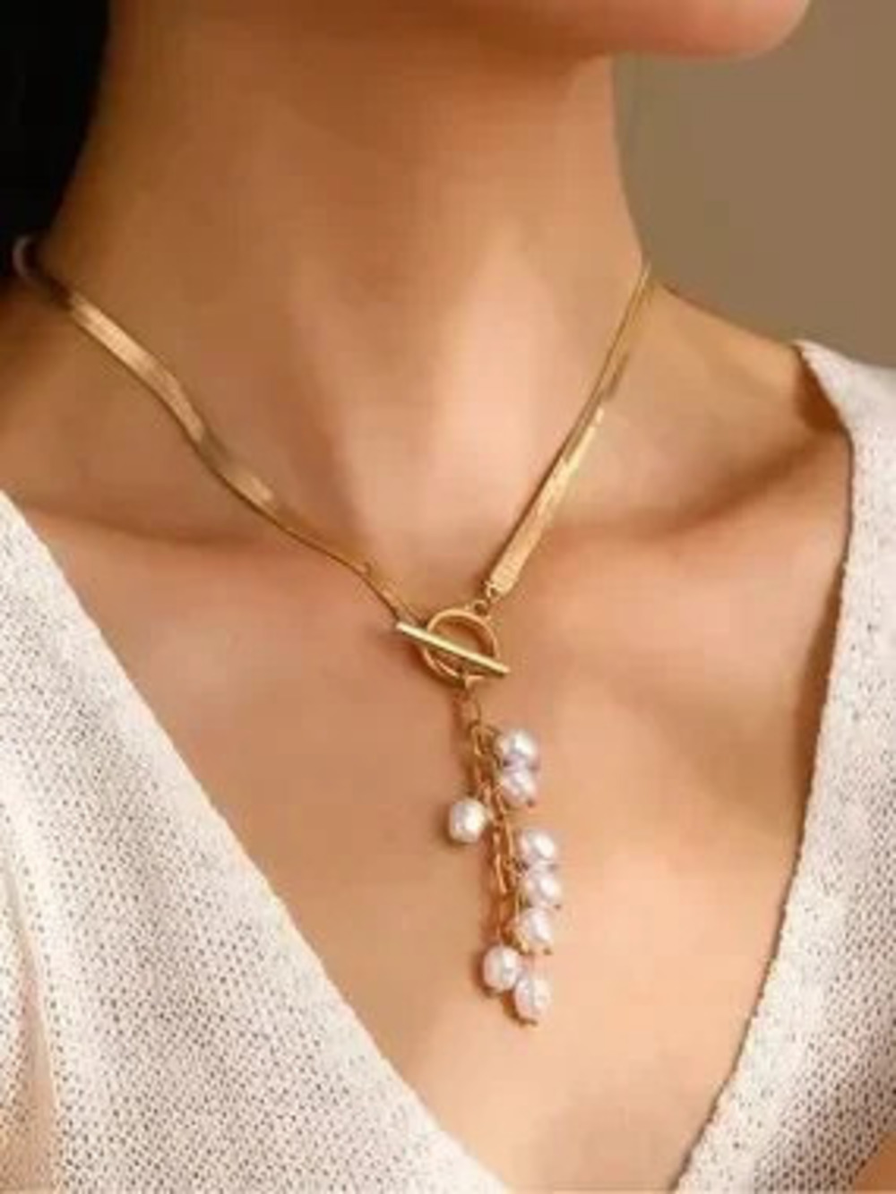 Gold Toggle Necklace with White Pearl Drop